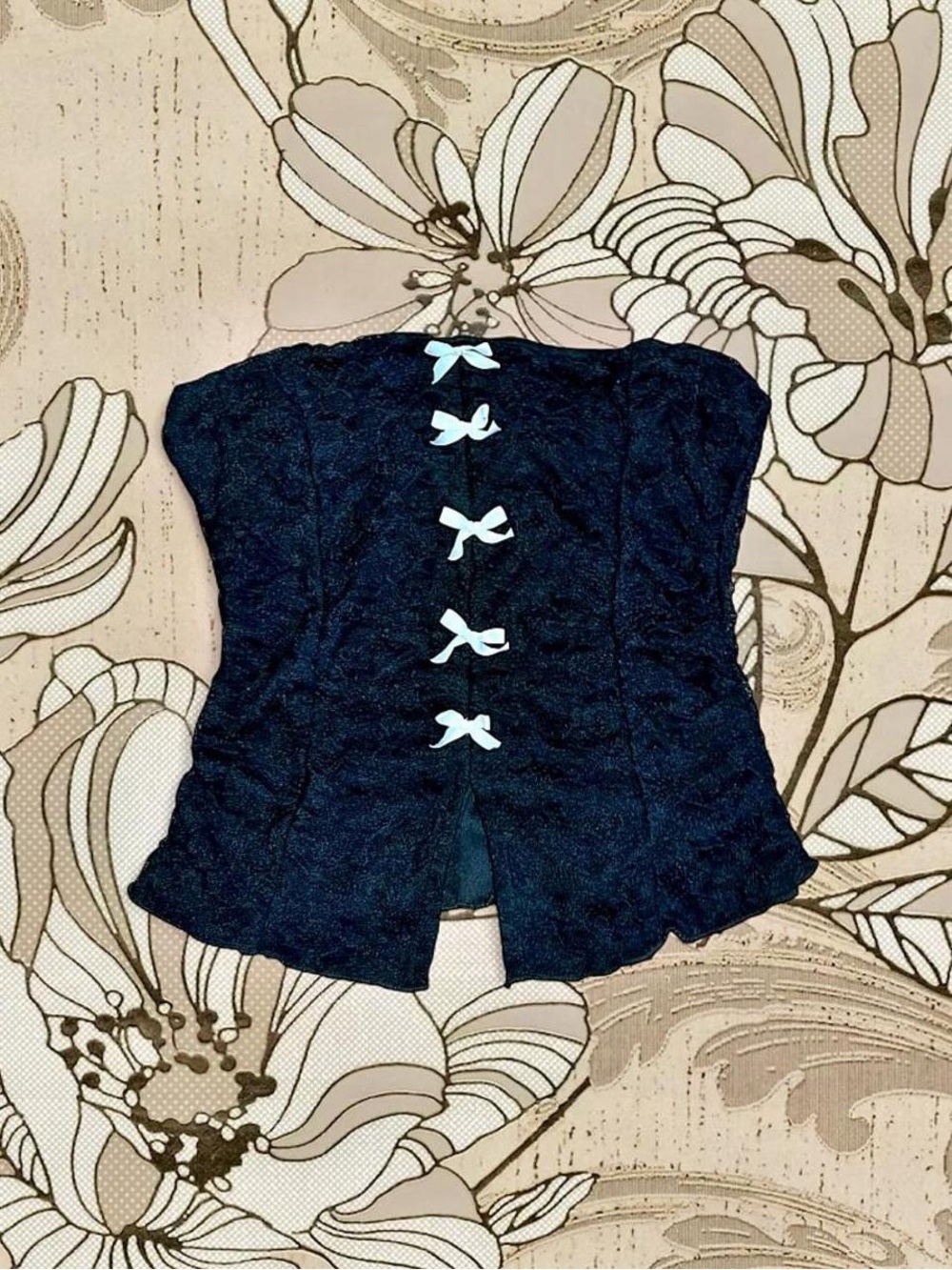 Strapless Black Corset Top with White Bows Vampy